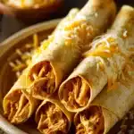 Close-up of crispy chicken flautas with a side of dipping sauce on a white plate.