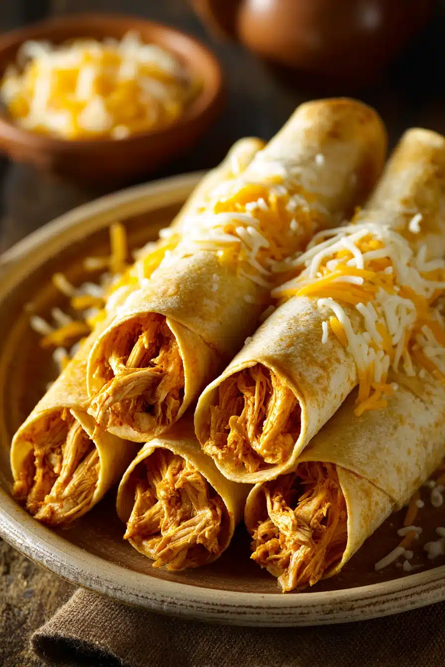 Close-up of crispy chicken flautas with a side of dipping sauce on a white plate.
