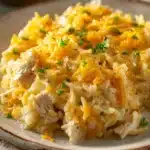 Close-up of a chicken hash brown casserole with golden cheese topping.