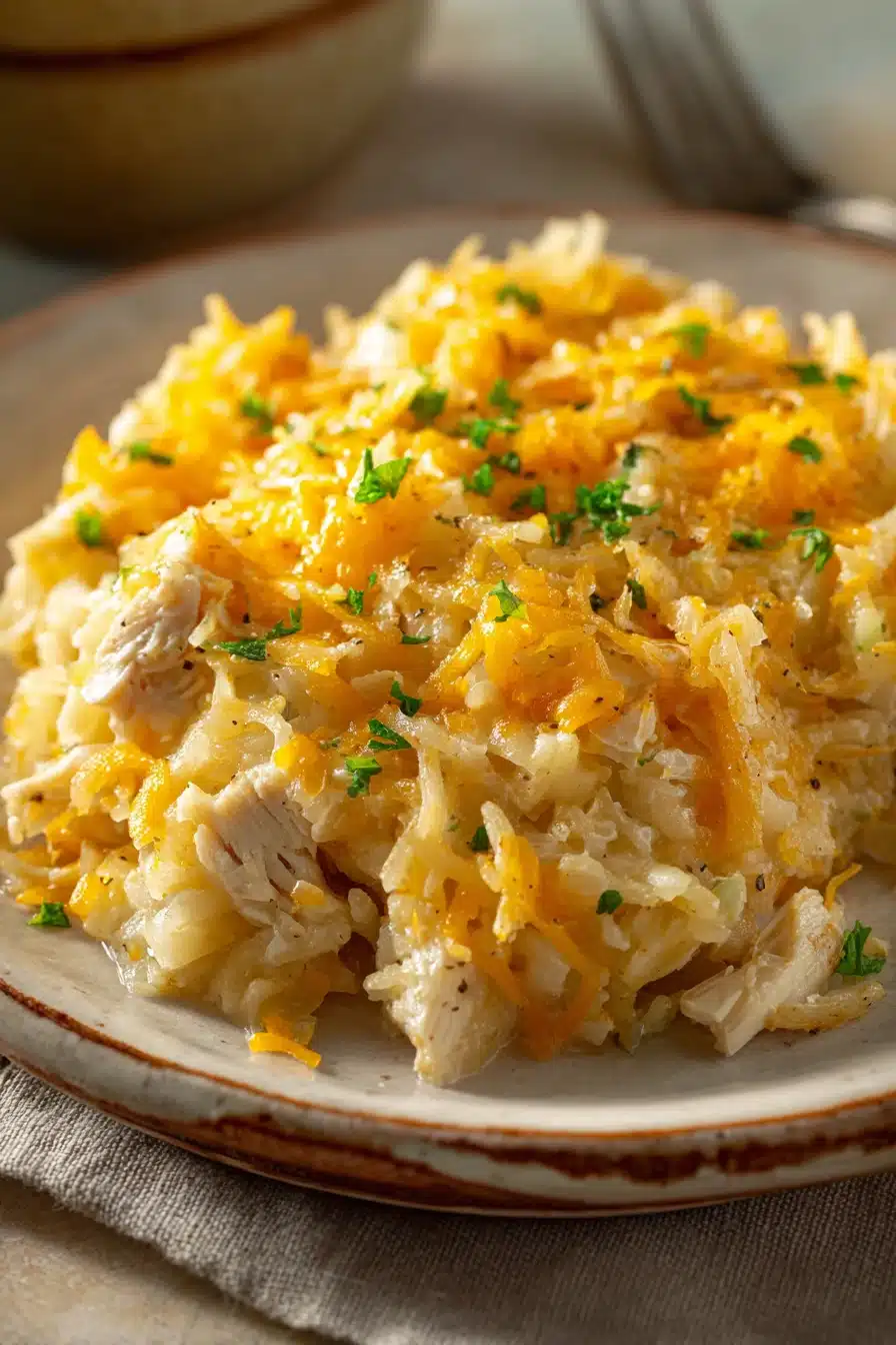 Close-up of a chicken hash brown casserole with golden cheese topping.