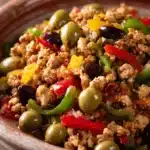 Close-up of Chicken Picadillo with bright, warm lighting and minimal background.