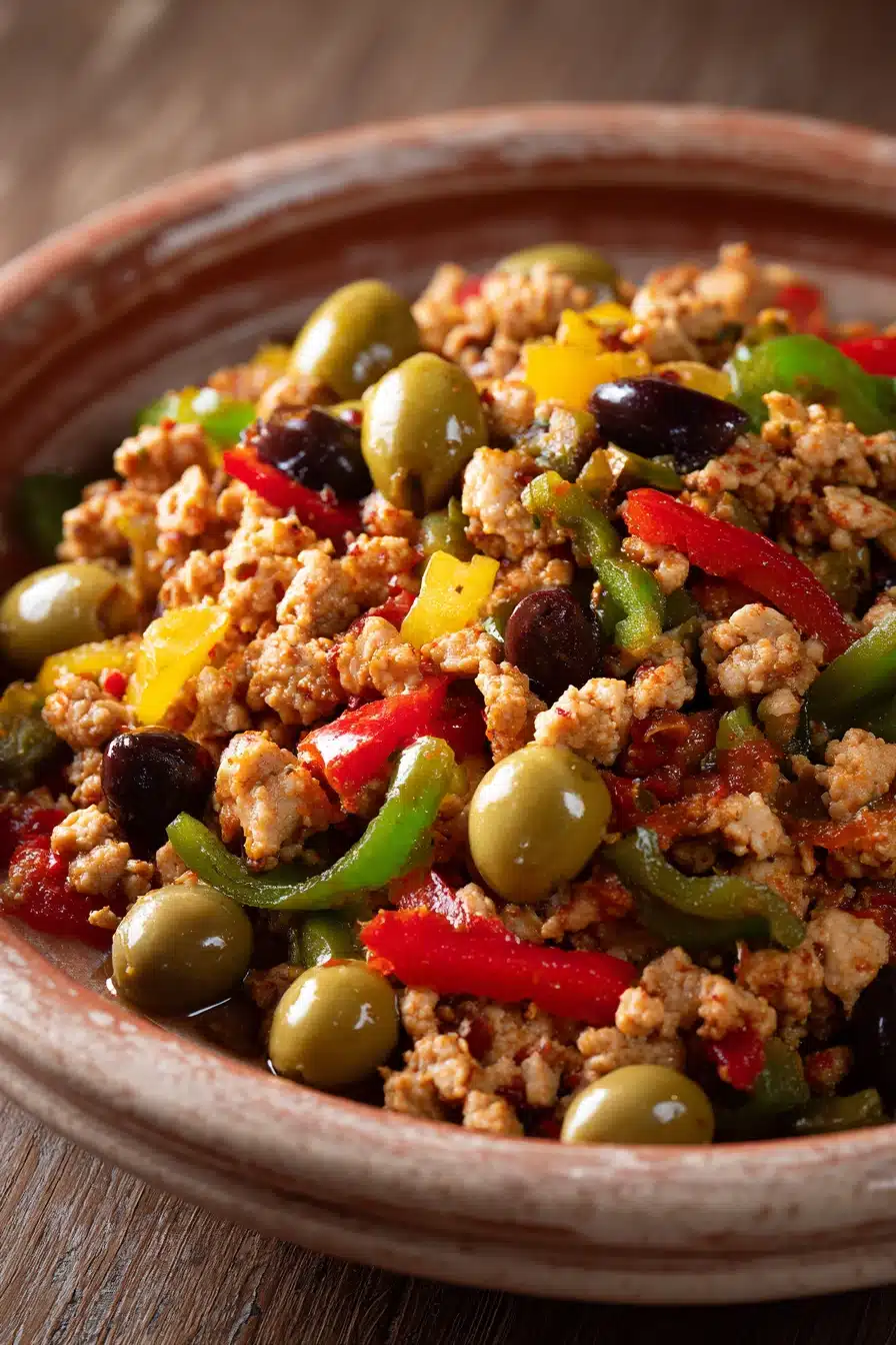 Close-up of Chicken Picadillo with bright, warm lighting and minimal background.