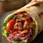 Close-up of a Chicken Shawarma Wrap with fresh ingredients and a clean background.