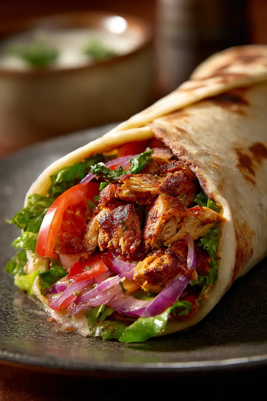 Close-up of a Chicken Shawarma Wrap with fresh ingredients and a clean background.