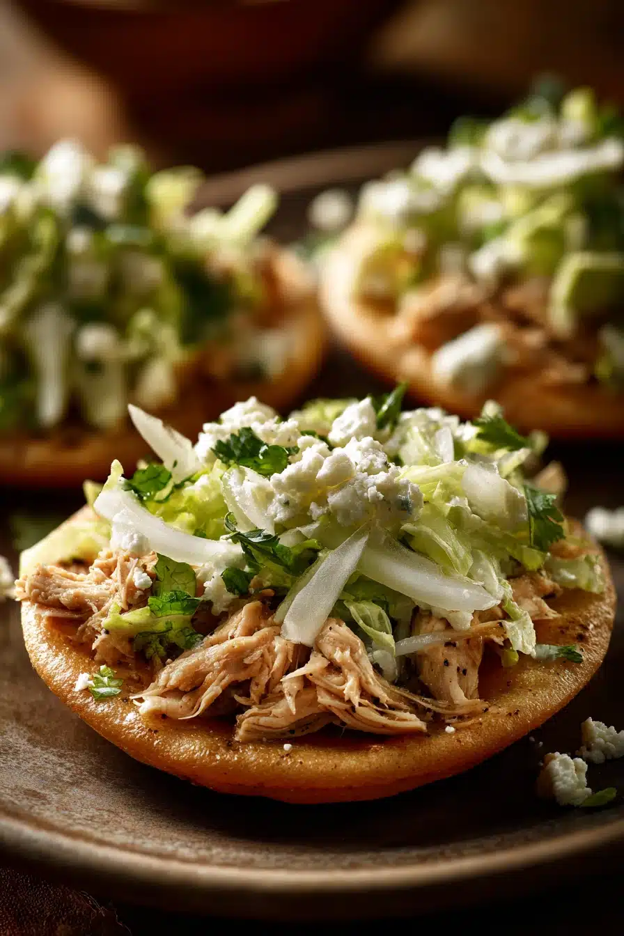 Close-up of delicious chicken sopes with toppings on a clean plate.