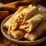 Close-up of chicken tamales with bright natural lighting and minimal background