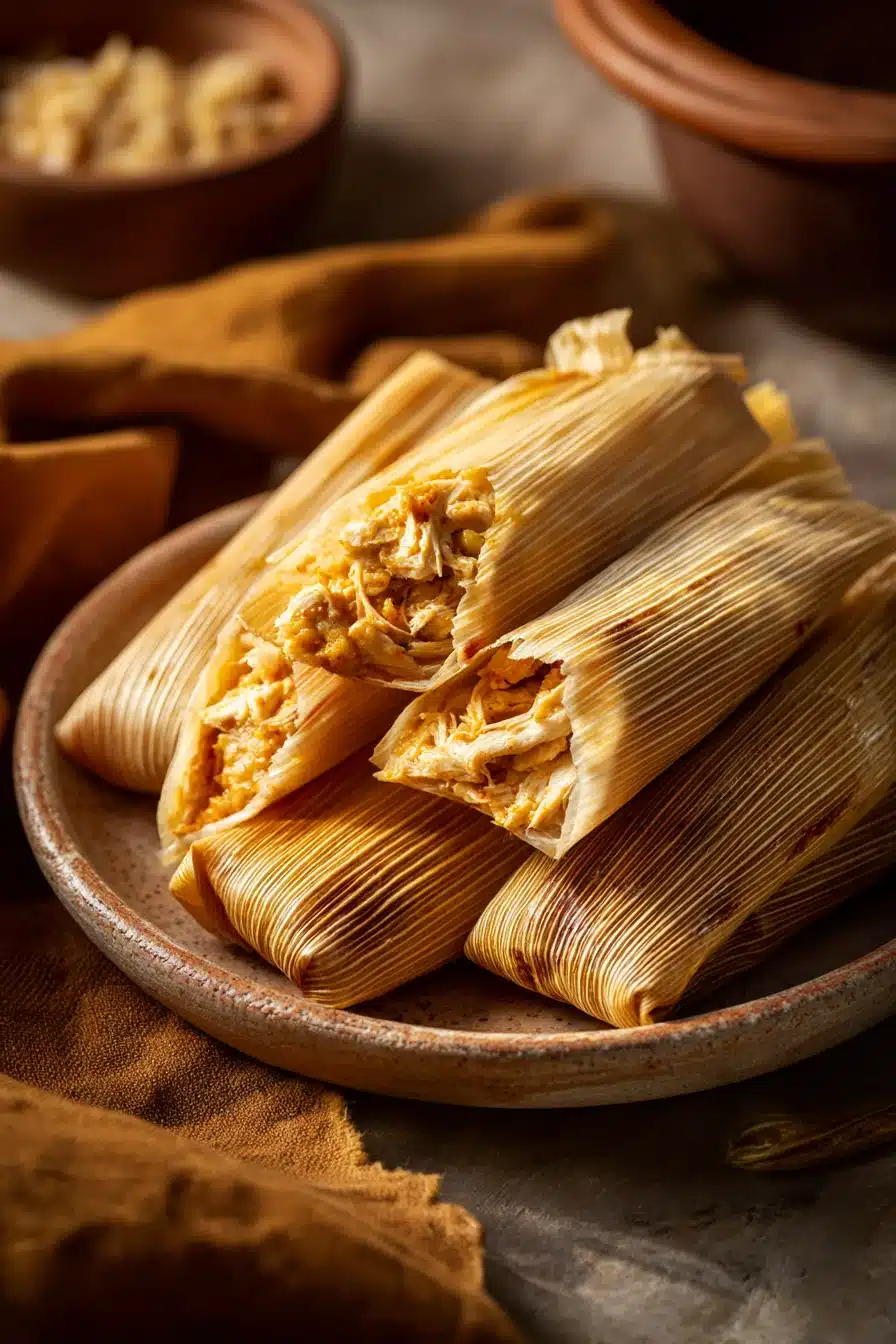 Close-up of chicken tamales with bright natural lighting and minimal background