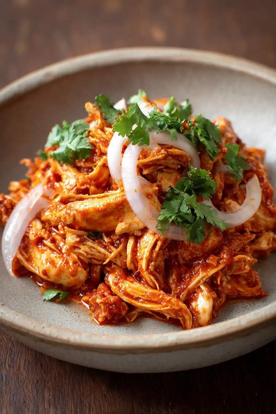 Close-up of Chicken Tinga with vibrant colors and textures, garnished with herbs.
