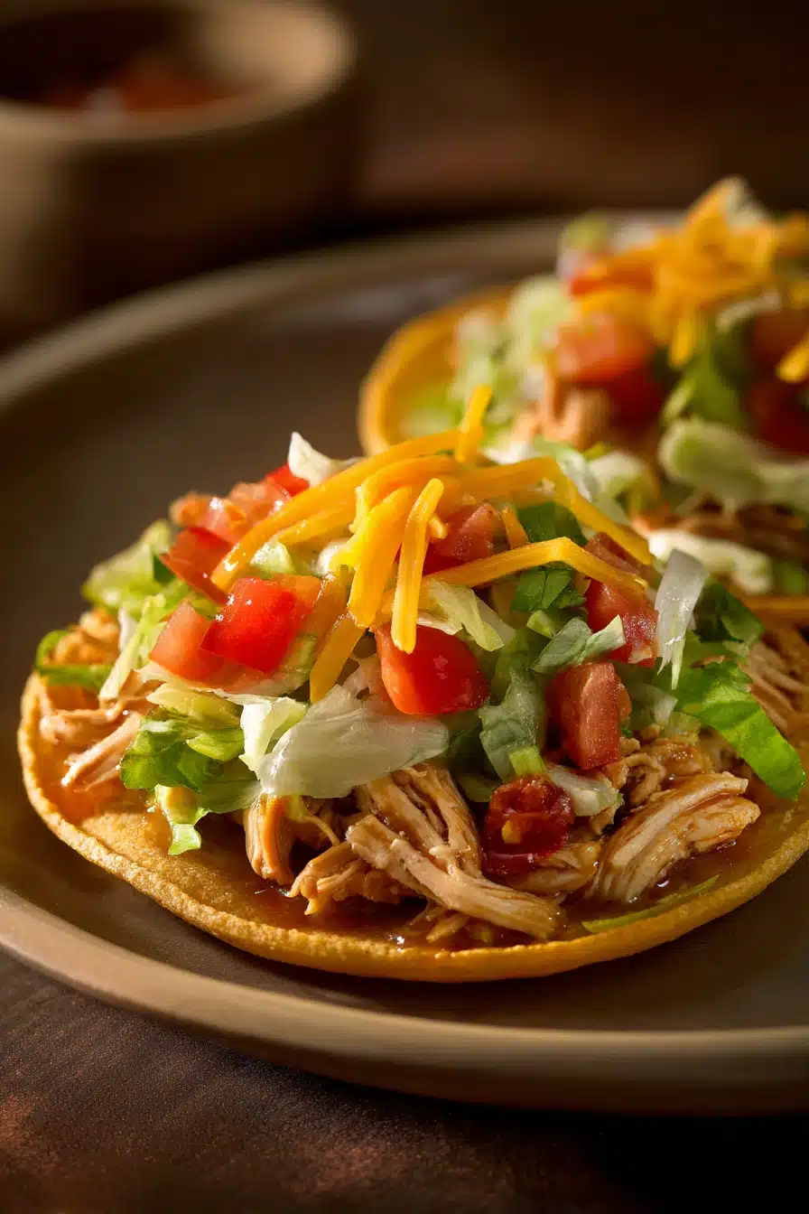 Close-up of chicken tostadas with toppings on a clean plate