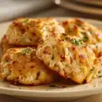 Close-up of a golden-brown crab cake on a white plate with a clean background.