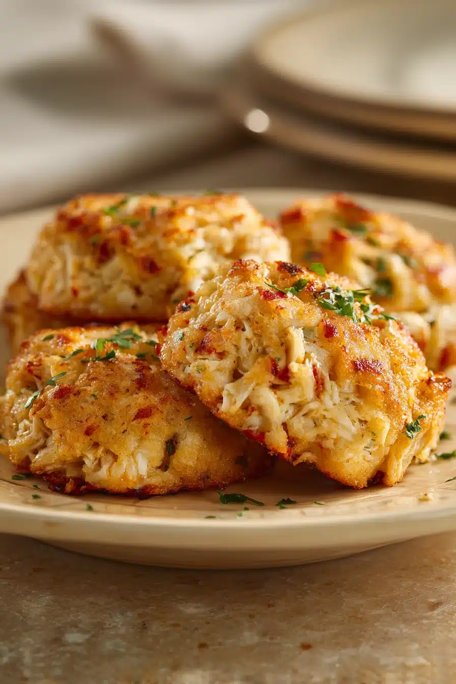 Close-up of a golden-brown crab cake on a white plate with a clean background.