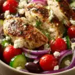 Close-up of Greek chicken bowls with fresh ingredients and vibrant colors