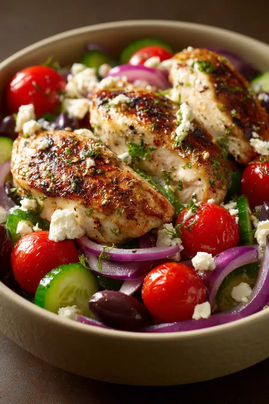 Close-up of Greek chicken bowls with fresh ingredients and vibrant colors
