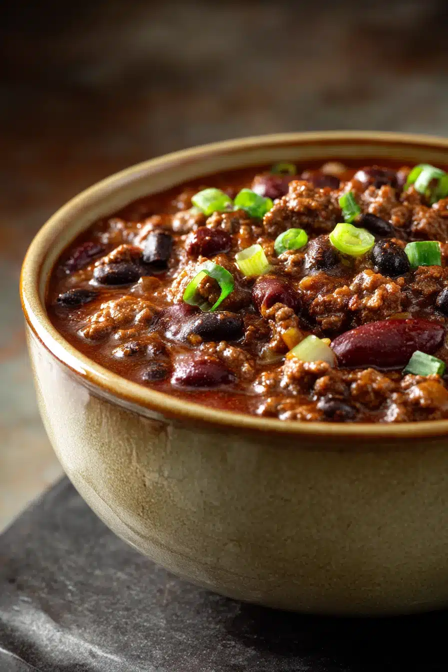 Close-up of hearty ground beef chili with beans and spices in a bowl