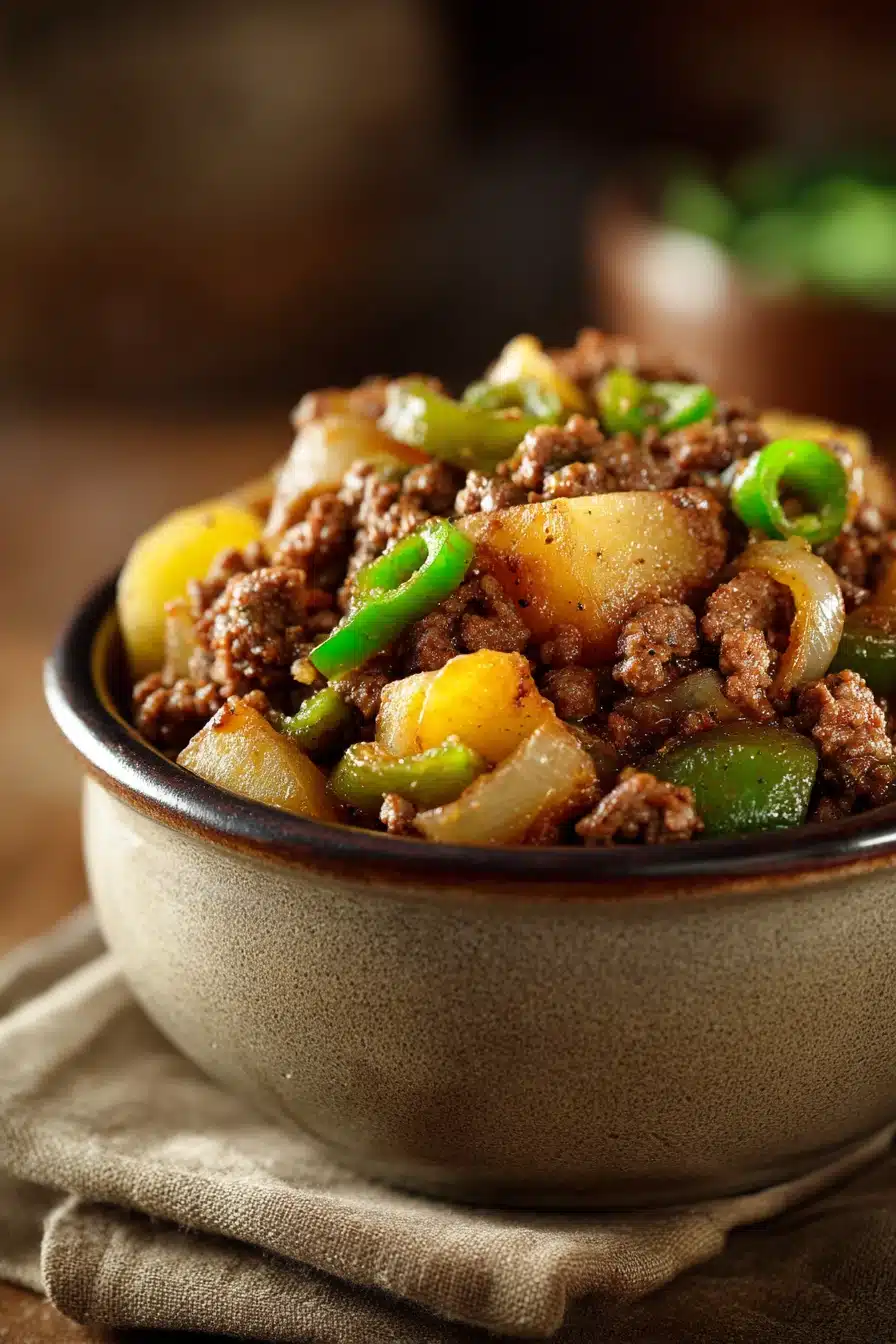 Close-up of a hearty ground beef hash with potatoes and herbs in a skillet.