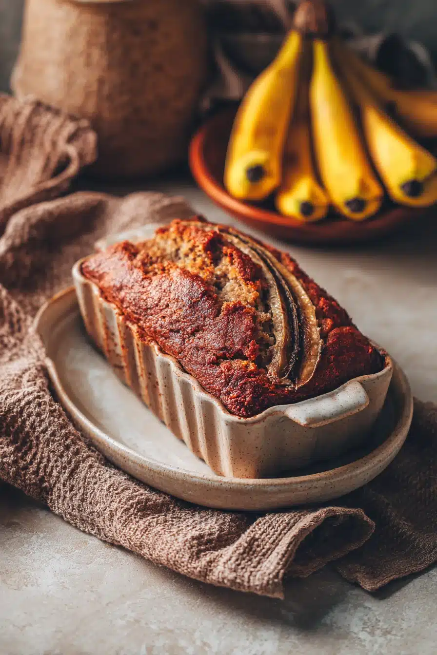 Close-up of freshly baked Jamaican banana bread with a golden crust on a clean white background.