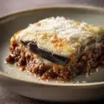 Close-up of a delicious moussaka with layers of eggplant, meat, and creamy sauce.
