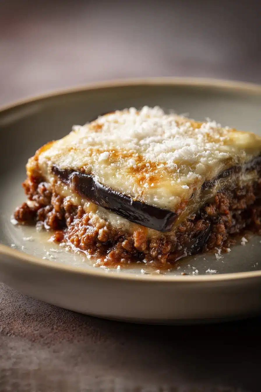 Close-up of a delicious moussaka with layers of eggplant, meat, and creamy sauce.