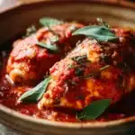 Close-up of a delicious chicken marinara dish with rich tomato sauce and herbs.