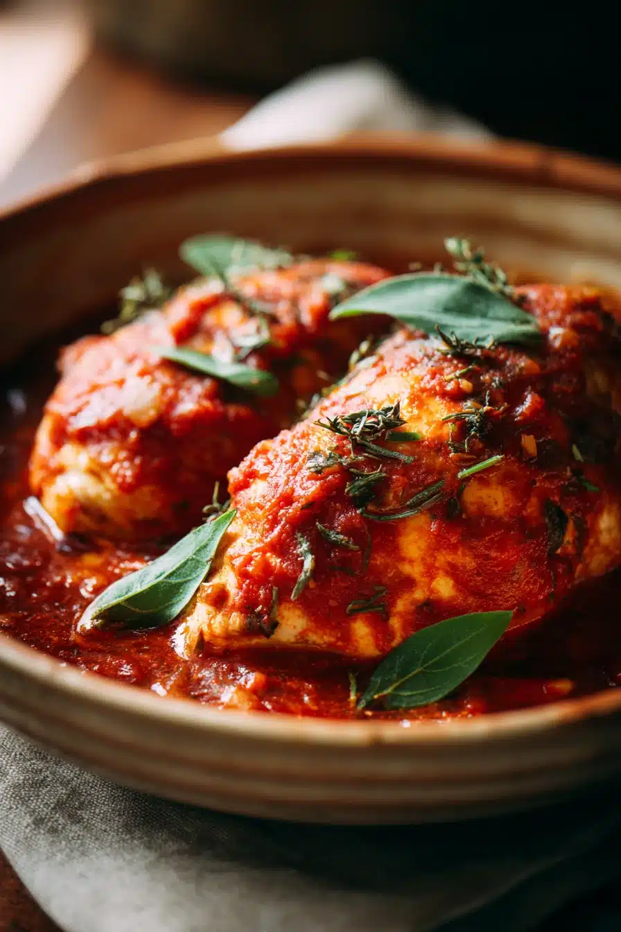 Close-up of a delicious chicken marinara dish with rich tomato sauce and herbs.