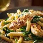 Close-up of chicken spinach skillet pasta with lemon parmesan, bright and appetizing.