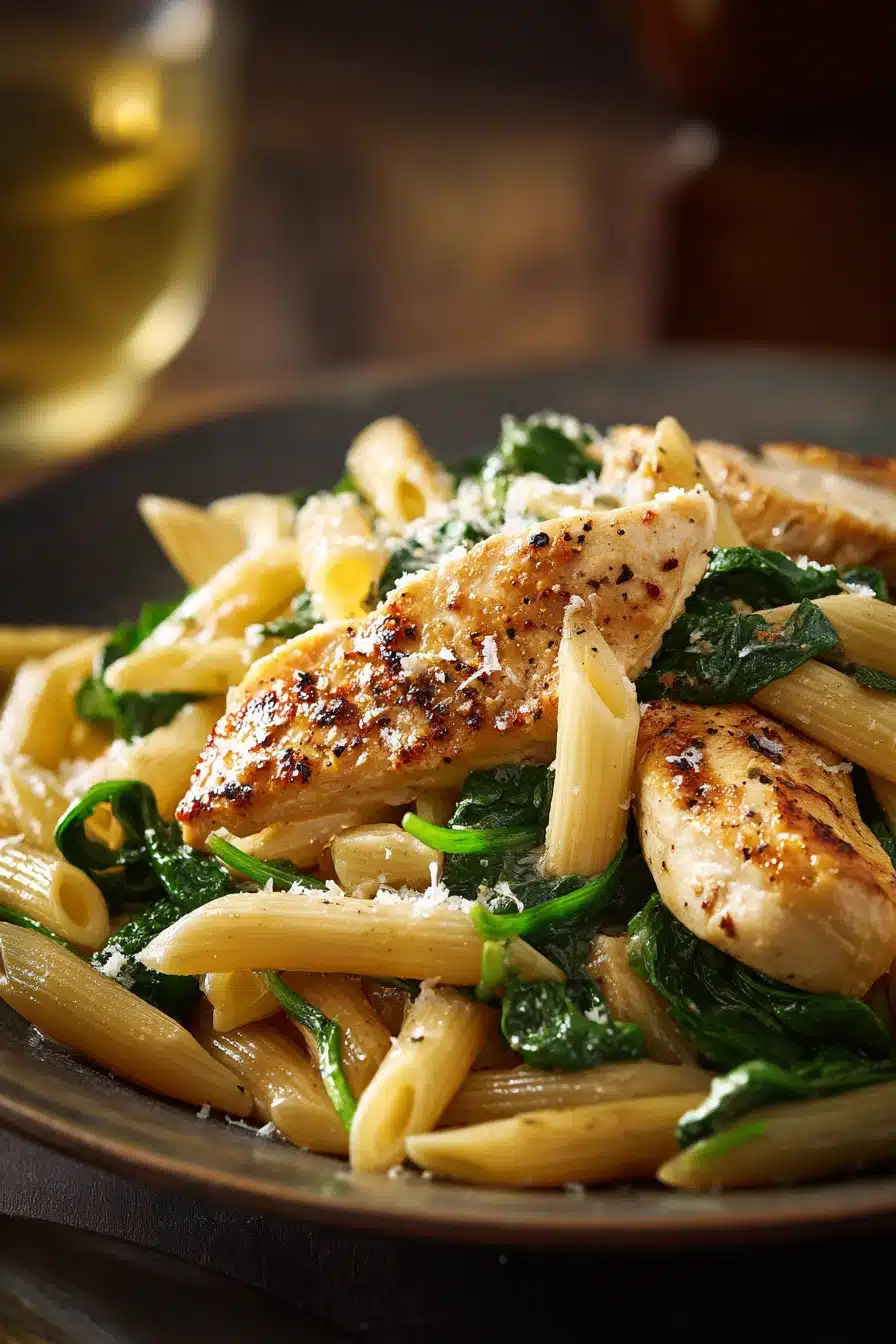 Close-up of chicken spinach skillet pasta with lemon parmesan, bright and appetizing.