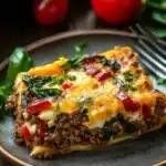 Close-up of a delicious egg bake casserole with ground beef, topped with melted cheese and herbs.