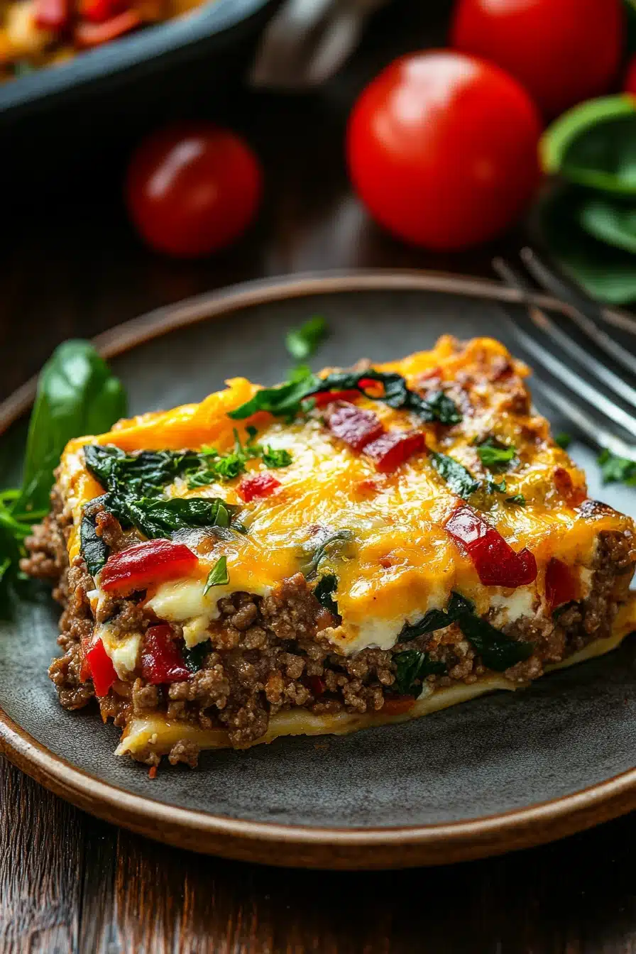 Close-up of a delicious egg bake casserole with ground beef, topped with melted cheese and herbs.