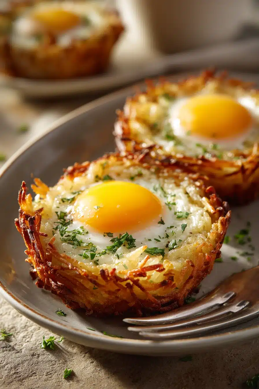 Eggs in crispy hash brown baskets with a golden brown finish and garnished with herbs.