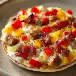 Close-up of a flavorful English muffin breakfast pizza topped with cheese and herbs.