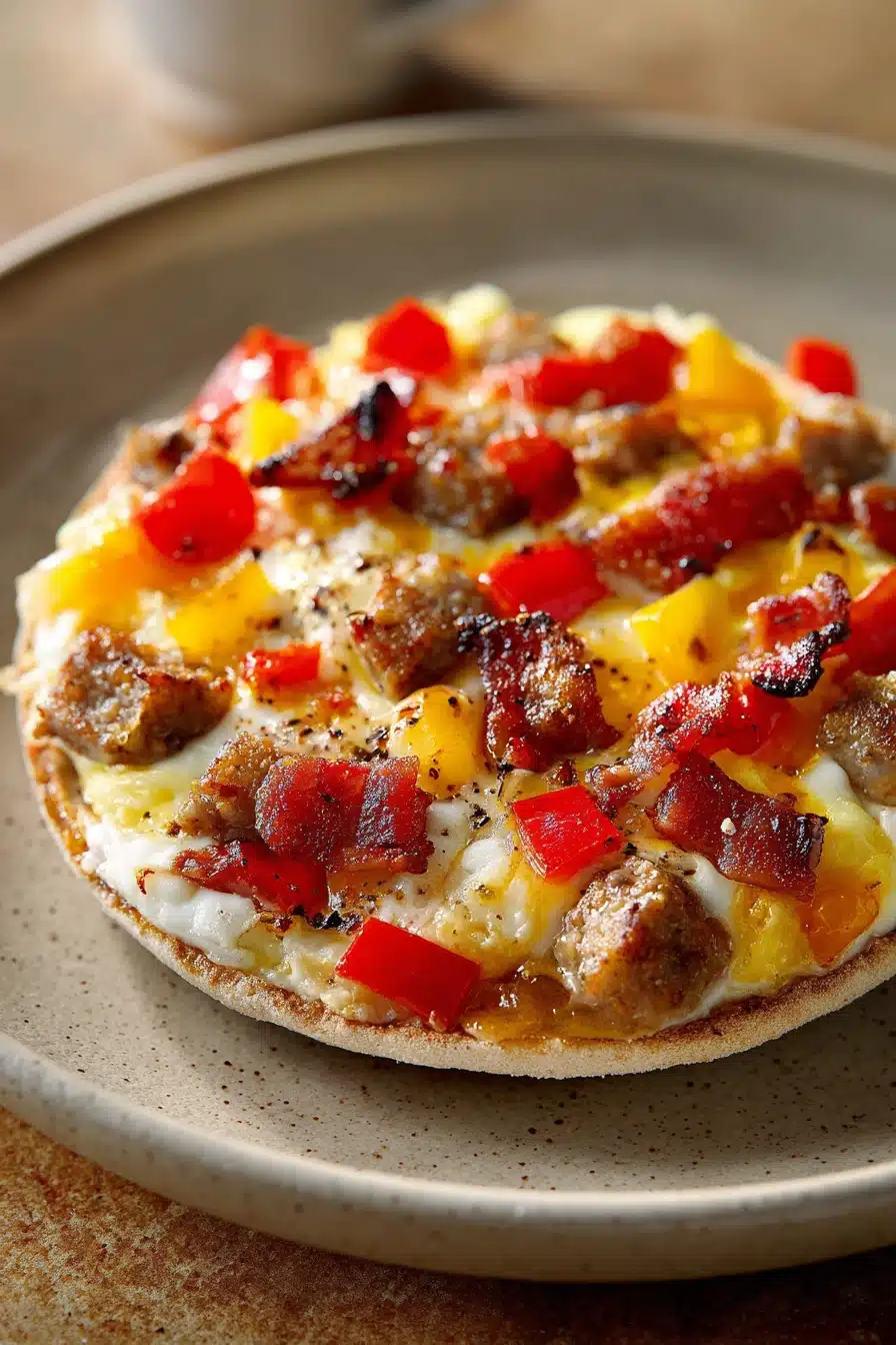 Close-up of a flavorful English muffin breakfast pizza topped with cheese and herbs.