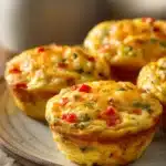 Close-up of fluffy breakfast egg muffins with melted cheese and herbs on a clean background.