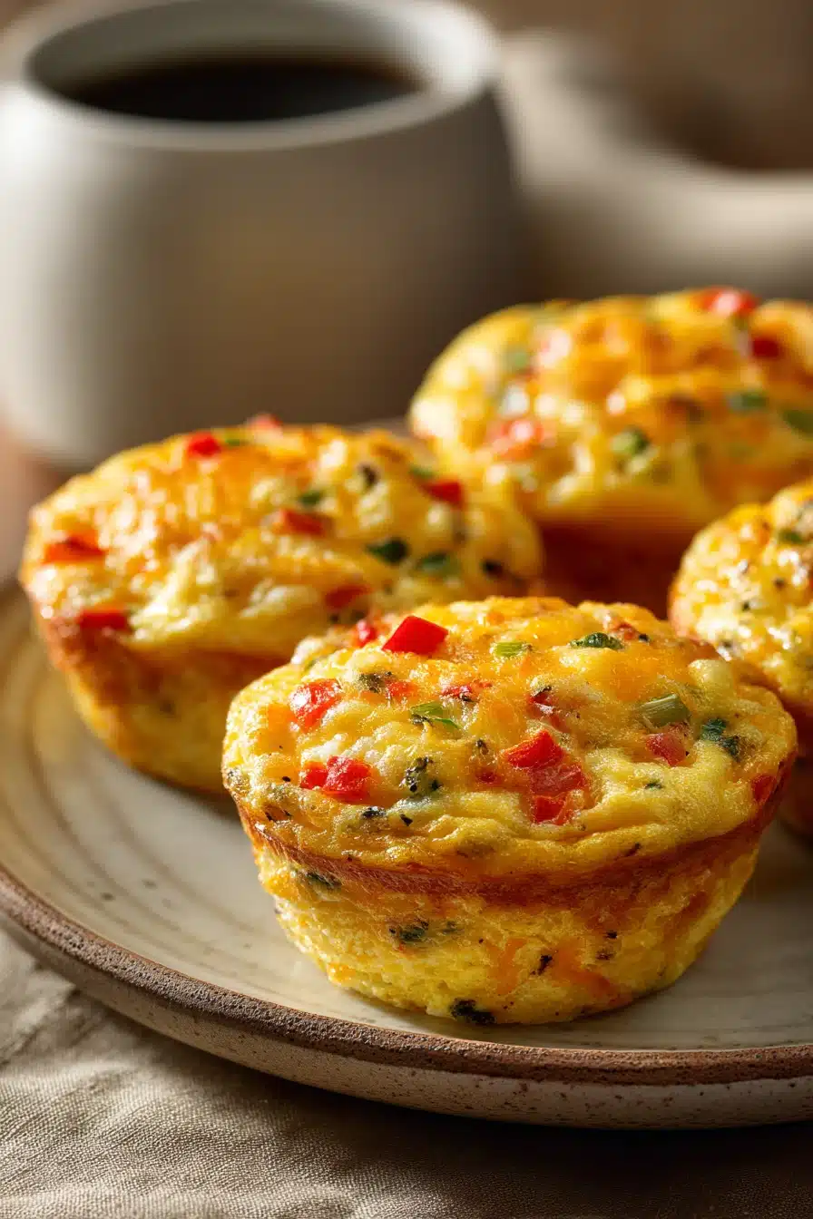 Close-up of fluffy breakfast egg muffins with melted cheese and herbs on a clean background.