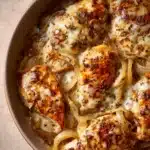 Close-up of a French Onion Chicken Skillet with melted cheese and caramelized onions.