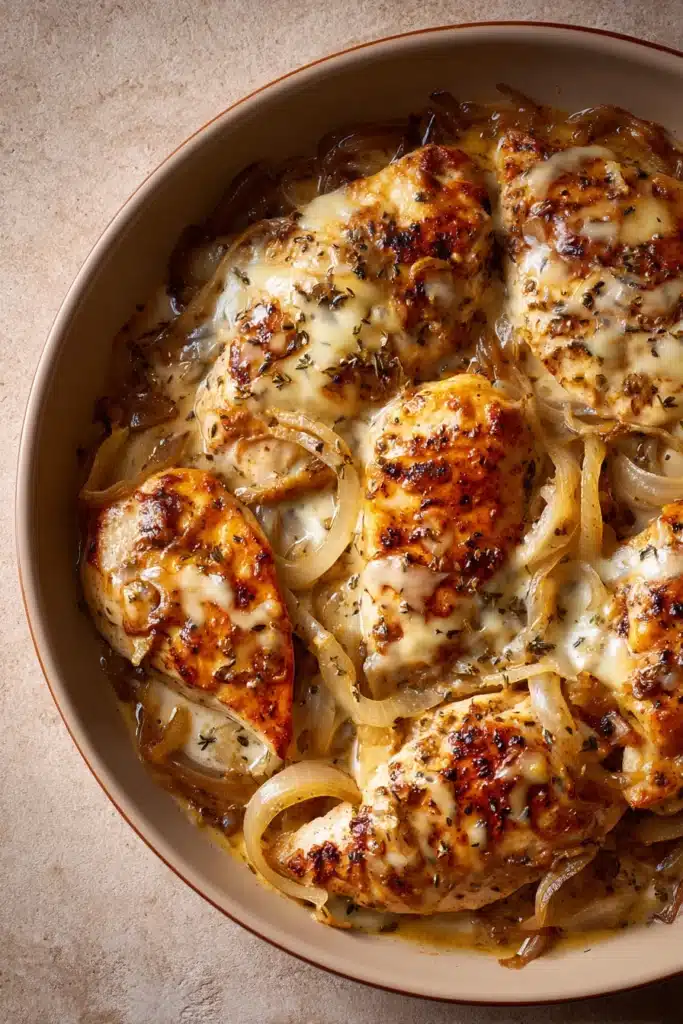 Close-up of a French Onion Chicken Skillet with melted cheese and caramelized onions.