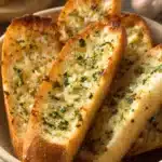 Close-up of freshly baked garlic bread with a golden crust and visible garlic pieces.
