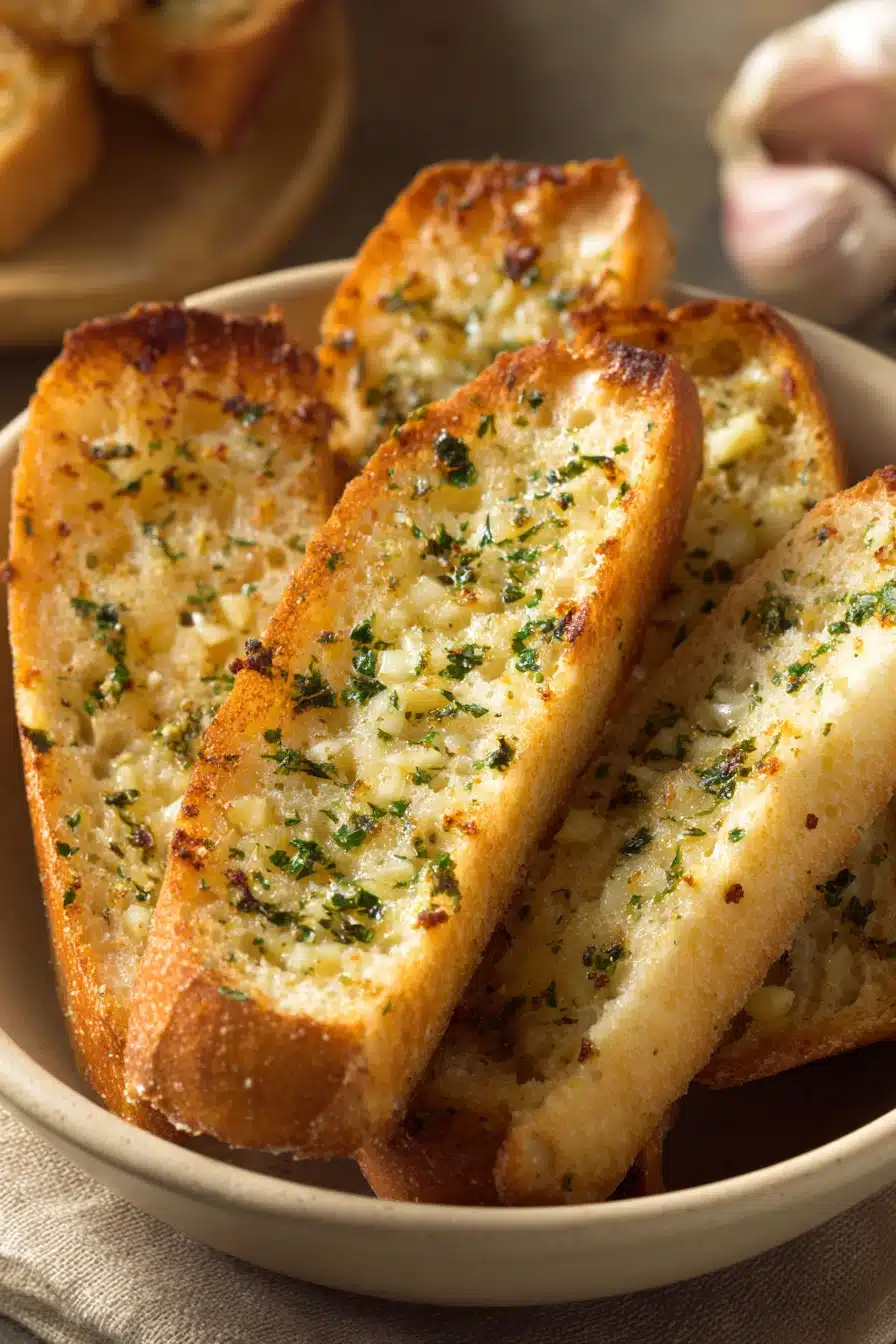 Close-up of freshly baked garlic bread with a golden crust and visible garlic pieces.