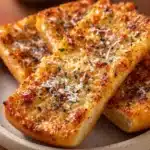 Close-up of freshly baked garlic bread made with pizza dough, showcasing a golden crust and herbs.