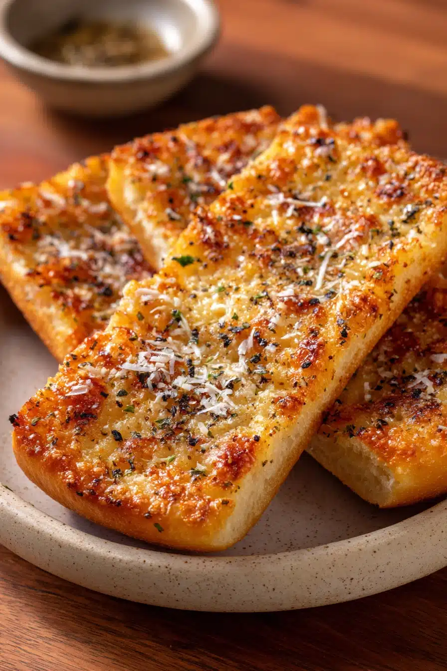 Close-up of freshly baked garlic bread made with pizza dough, showcasing a golden crust and herbs.