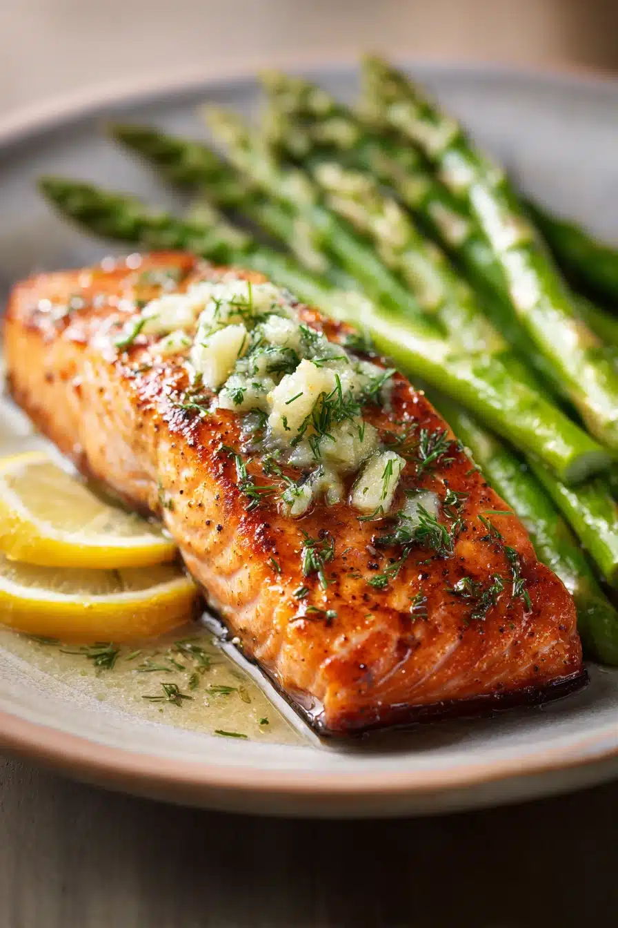 Close-up of garlic butter salmon with lemon asparagus on a white plate