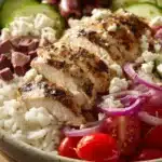 Close-up of Greek chicken rice bowl with cucumber, vibrant colors, and clear textures.
