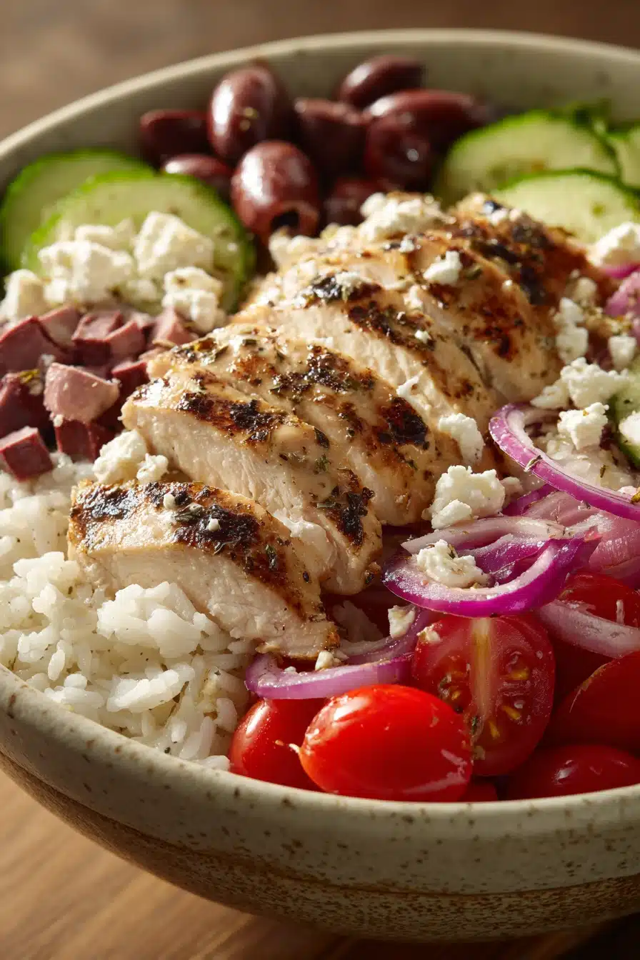 Close-up of Greek chicken rice bowl with cucumber, vibrant colors, and clear textures.
