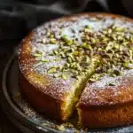 Close-up of a greek yogurt pistachio cake with creamy texture and pistachio topping