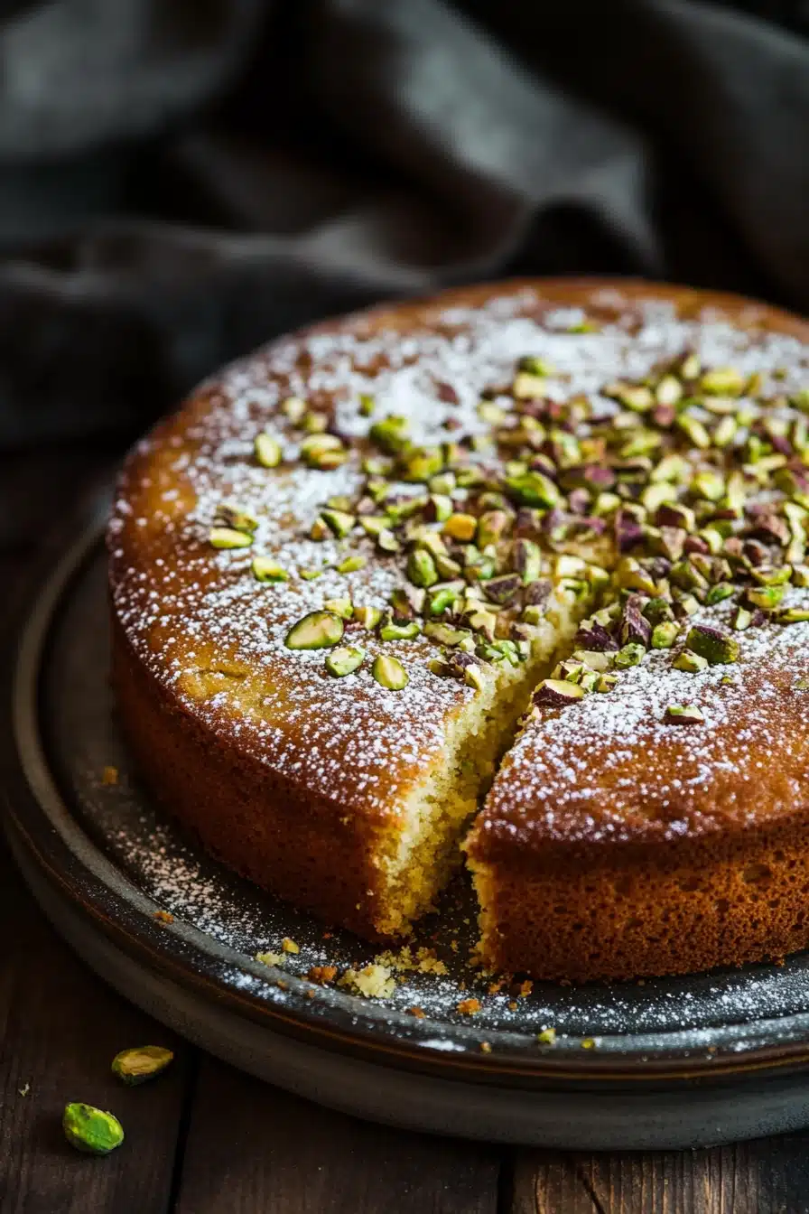 Close-up of a greek yogurt pistachio cake with creamy texture and pistachio topping