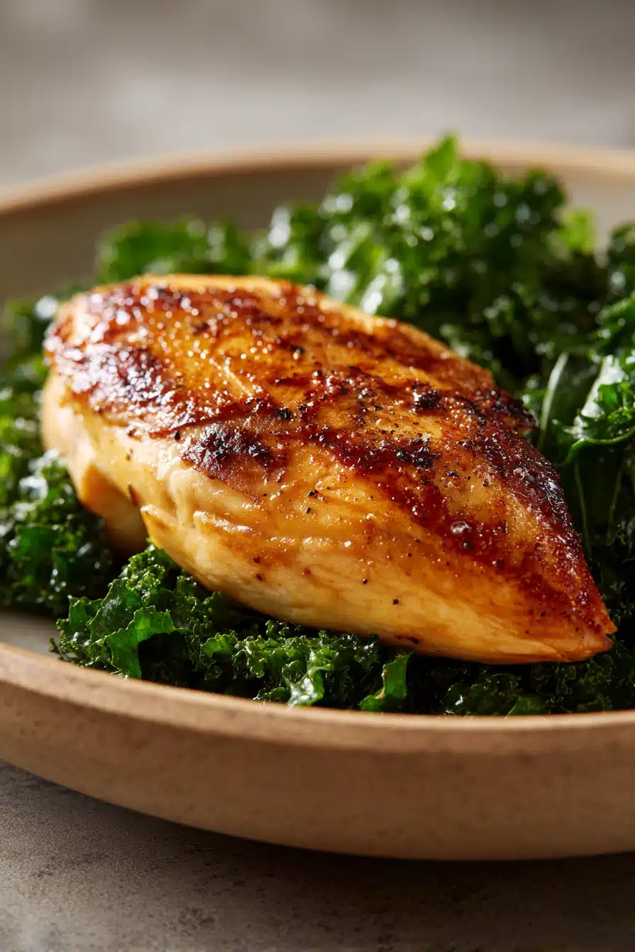 Close-up of grilled chicken breast with fresh kale on a white plate