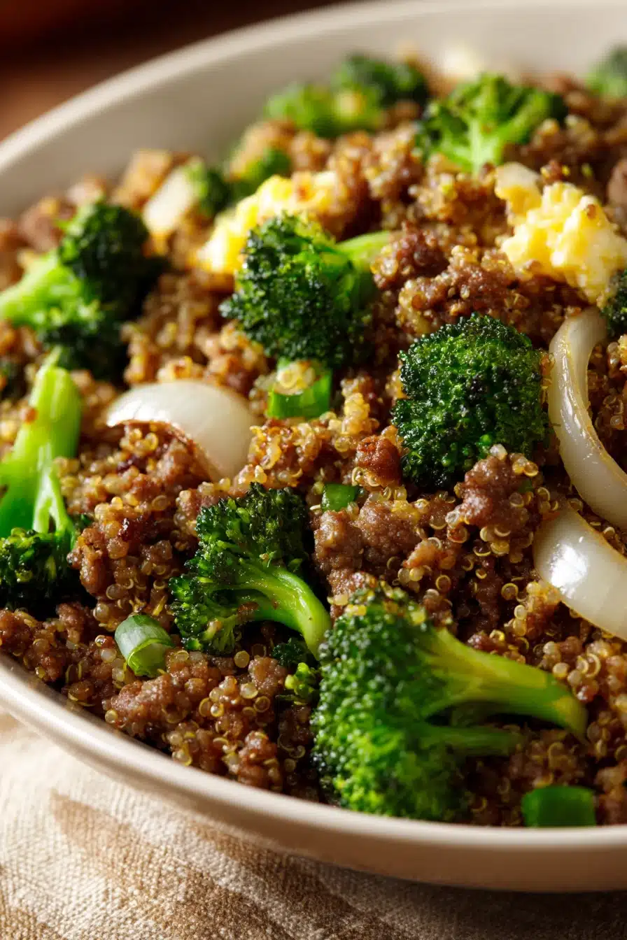 Close-up of ground beef and broccoli fried quinoa with vibrant colors and textures