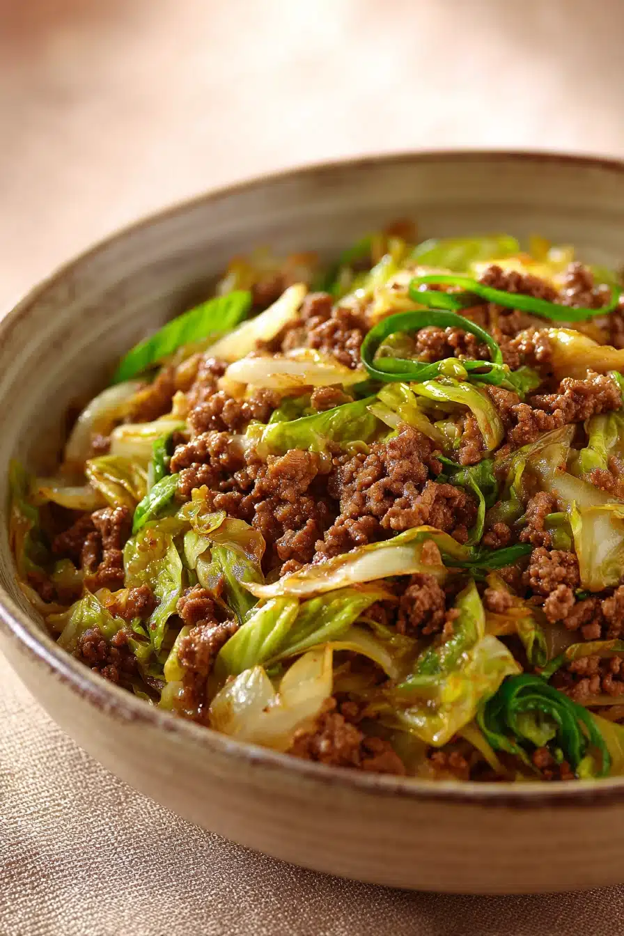 Close-up of a ground beef and cabbage stir fry with vibrant vegetables in a skillet