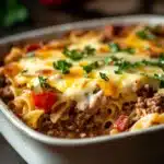 Close-up of a ground beef casserole with egg noodles, topped with melted cheese and herbs.