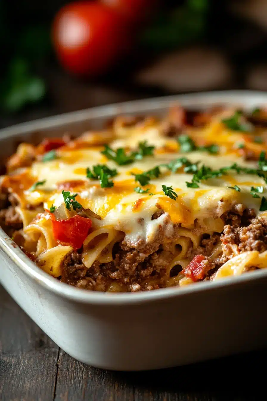 Close-up of a ground beef casserole with egg noodles, topped with melted cheese and herbs.