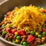 Close-up of a delicious ground beef dish with creamy sauce on a stove top.